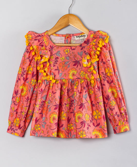 CORAL FLOWEL PRINT TOP WITH YELLOW POMPOM DETAILING