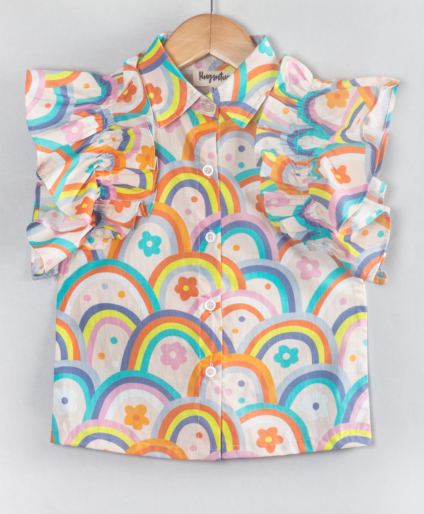 RAINBOW PRINT TOP WITH RUFFLES ALONG THE ARMHOLE