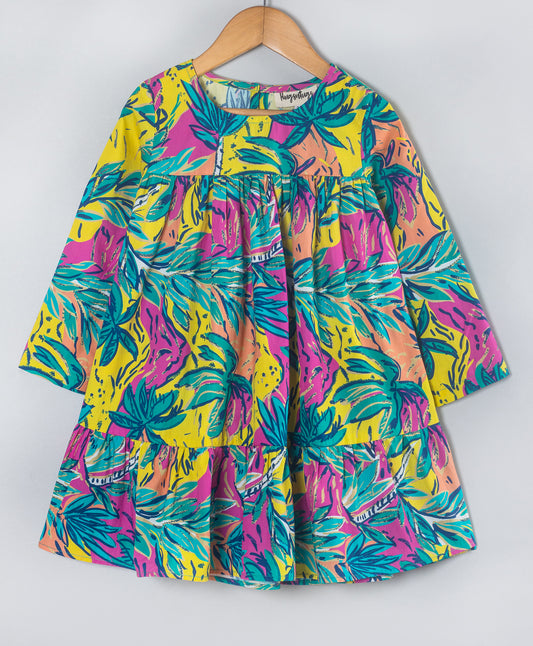 MULTI COLOR ALL OVER LEAVES PRINT DRESS