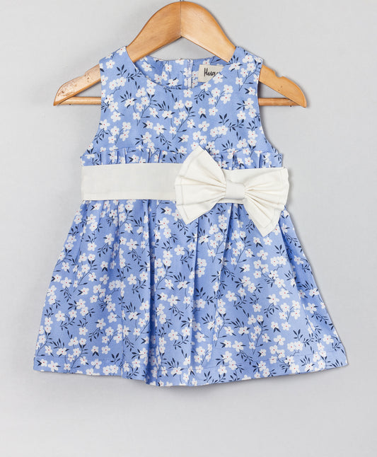 BLUE FLORAL PRINT INFANT DRESS WITH WHITE BOW