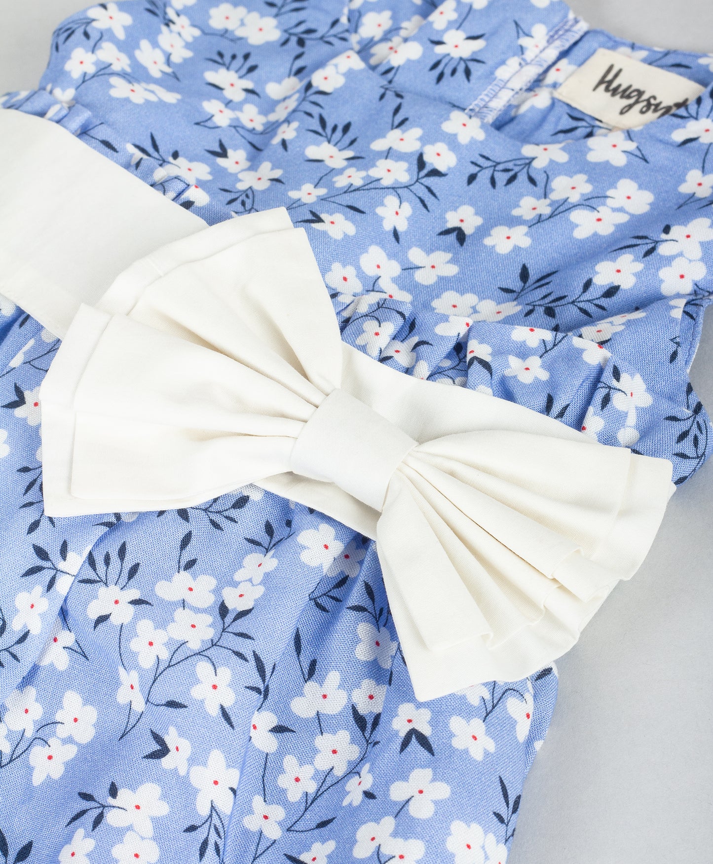 BLUE FLORAL PRINT INFANT DRESS WITH WHITE BOW