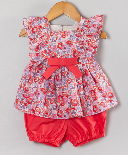 PINK RED FLORAL PRINT INFANT SET