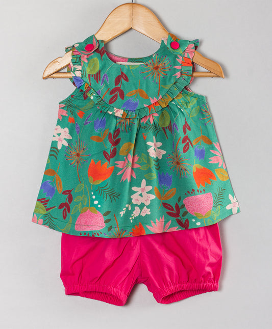 GREEN FLORAL PRINT INFANT TOP WITH HOT PINK BLOOMER