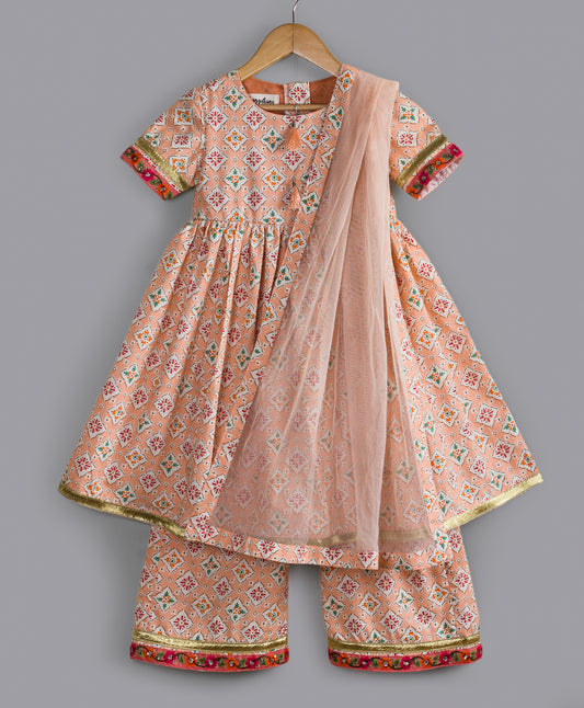 INDIAN MOTIF ALL OVER PRINT 3 PC PEACH KURTA SET