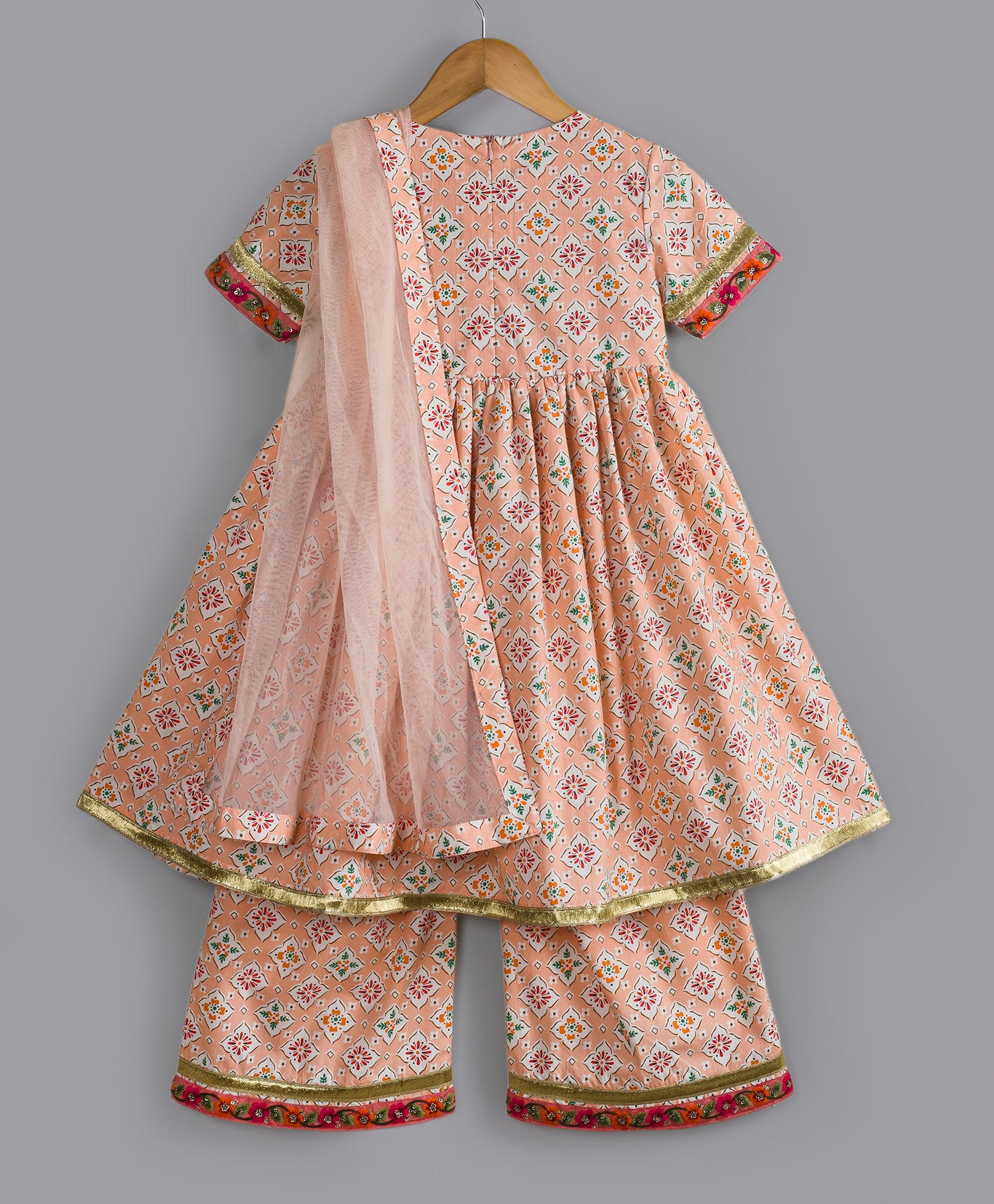 INDIAN MOTIF ALL OVER PRINT 3 PC PEACH KURTA SET