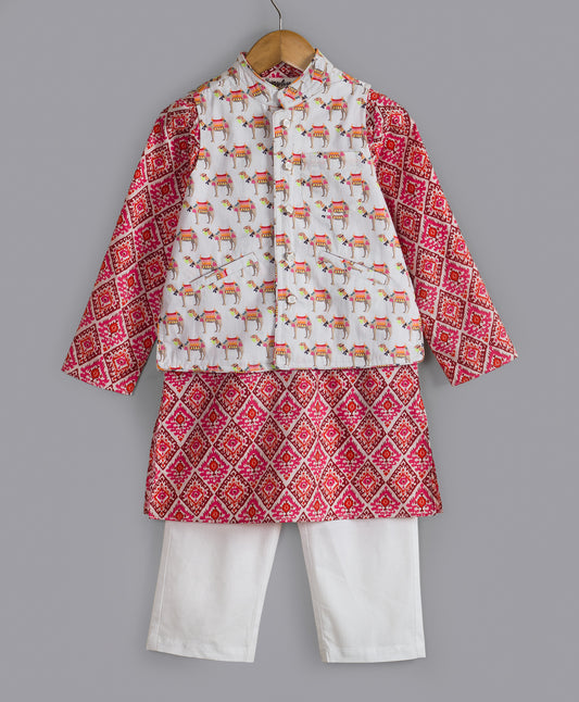 ETHNIC PRINT KURTA SET WITH SOLID PJ AND CAMEL PRINT JKT