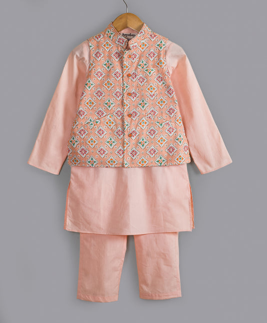 PEACH KURTA SET WITH ETHNIC ALL OVER PRINT JACKET