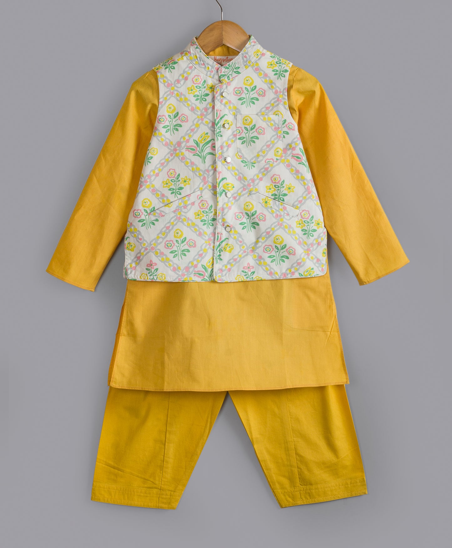 BRIGHT YELLOW KURTA SET WITH ETHNIC PRINT JACKET