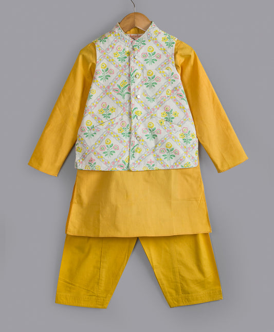 BRIGHT YELLOW KURTA SET WITH ETHNIC PRINT JACKET