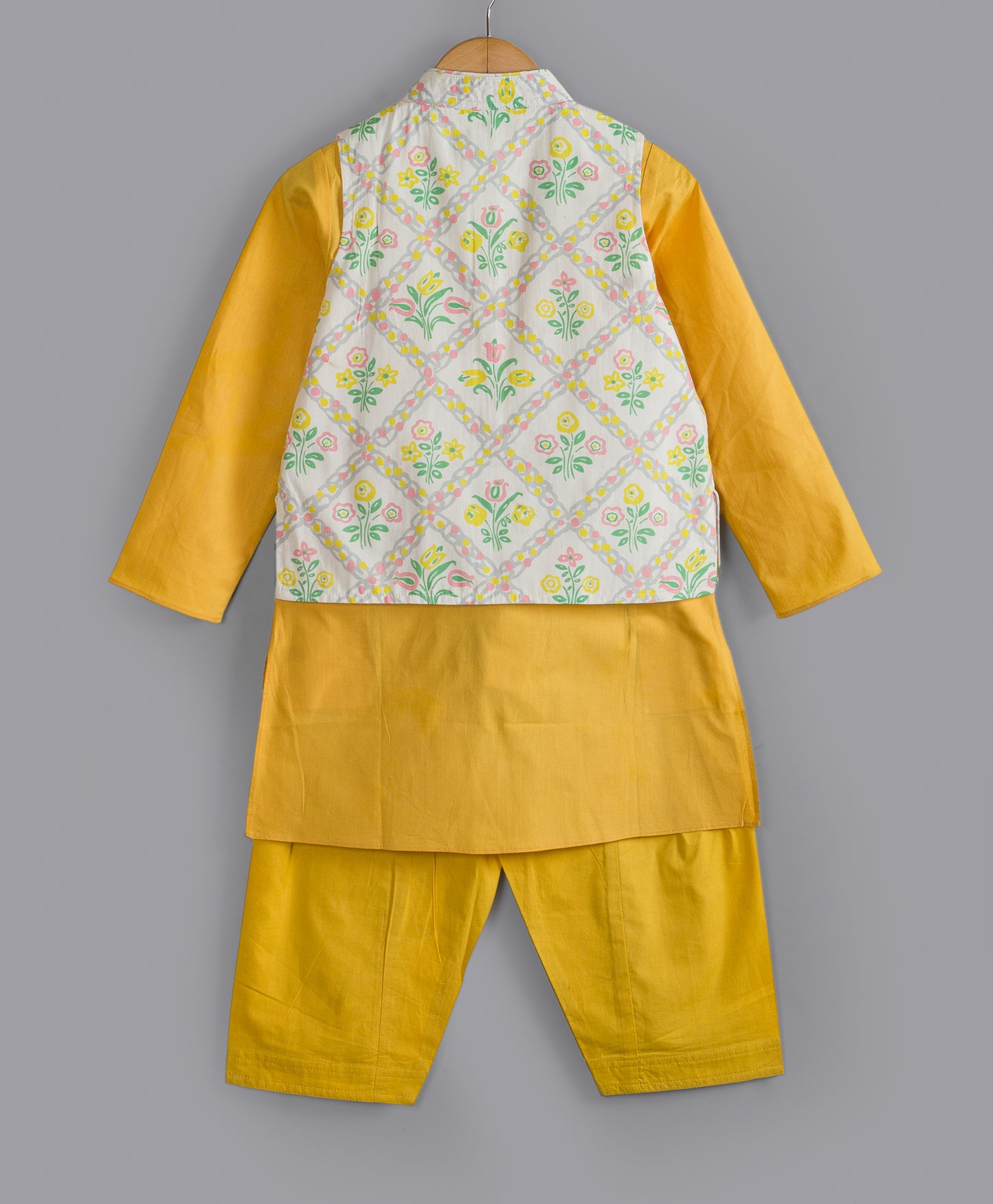 BRIGHT YELLOW KURTA SET WITH ETHNIC PRINT JACKET