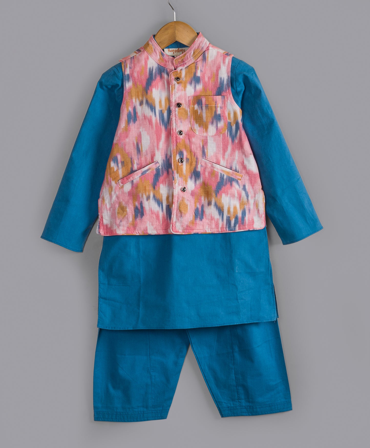 TEAL BLUE KURTA SET WITH IKAT PRINT JACKET