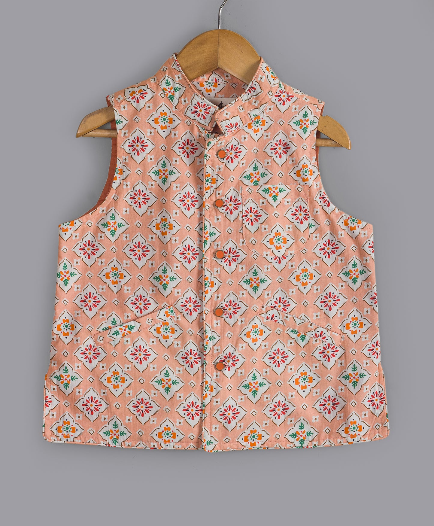 PEACH KURTA SET WITH ETHNIC ALL OVER PRINT JACKET