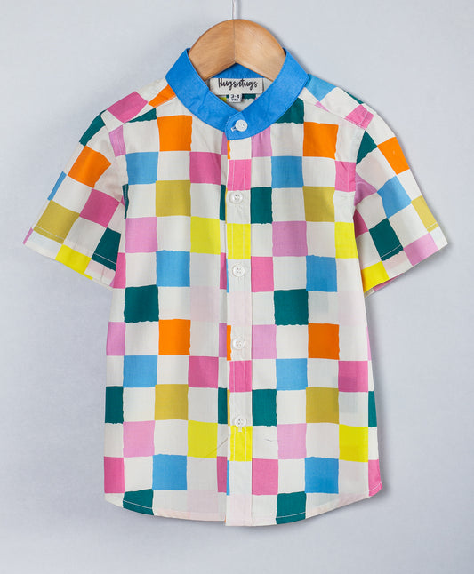 COLOURFUL PLAID PRINT BOYS SHIRT WITH MANDARIN COLLARS