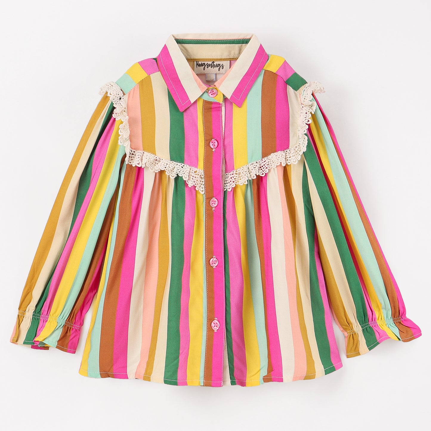 STRIPE PRINT TOP WITH LACE ALONG YOKE