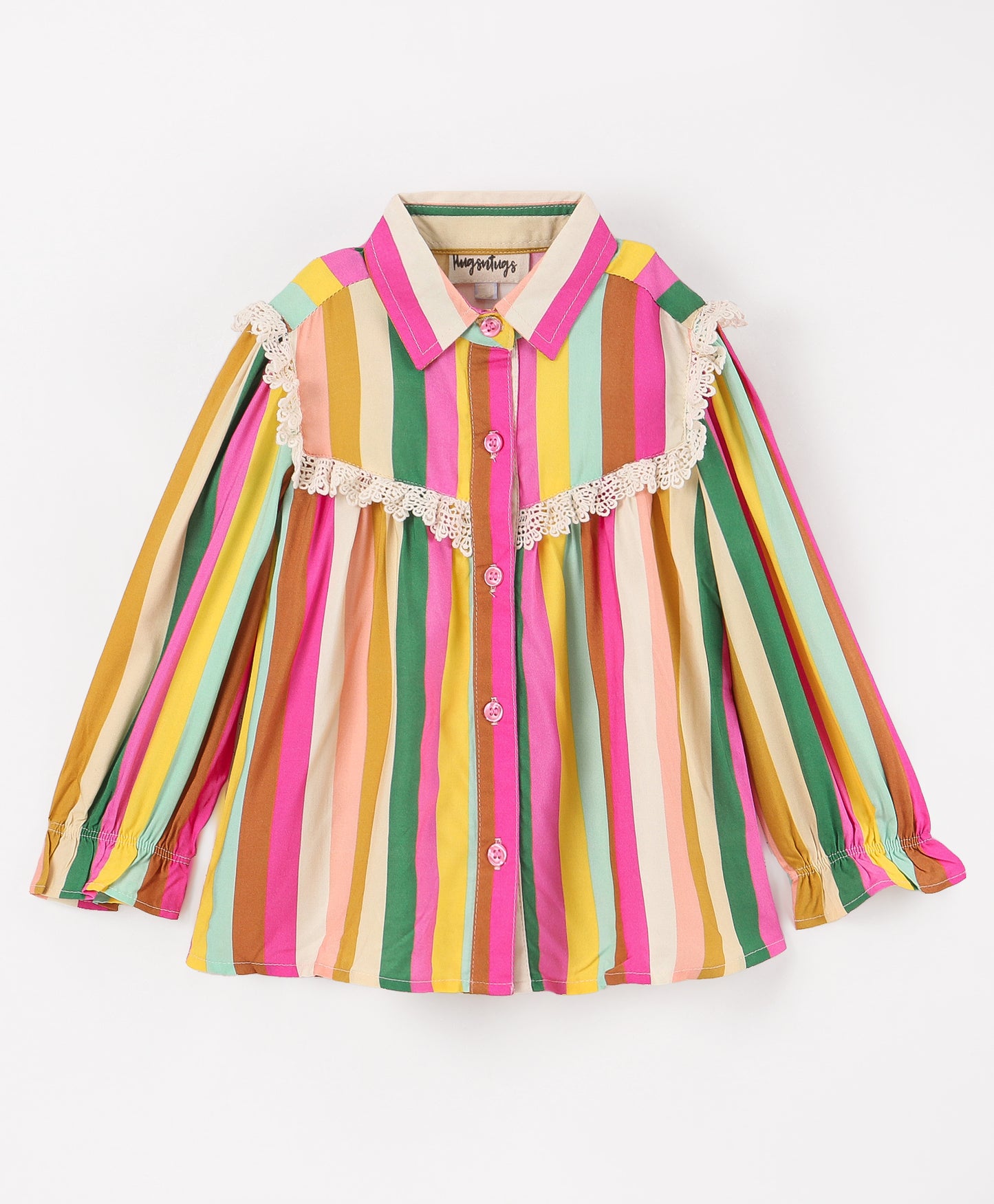 STRIPE PRINT TOP WITH LACE ALONG YOKE