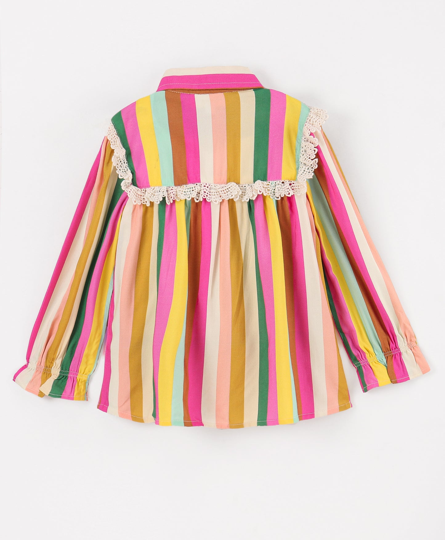 STRIPE PRINT TOP WITH LACE ALONG YOKE