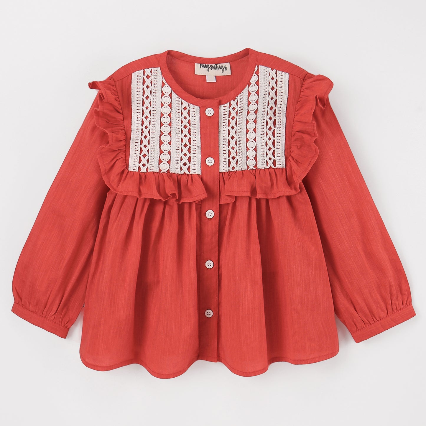 RED SLUB TOP WITH LACE DETAILING YOKE INSERT