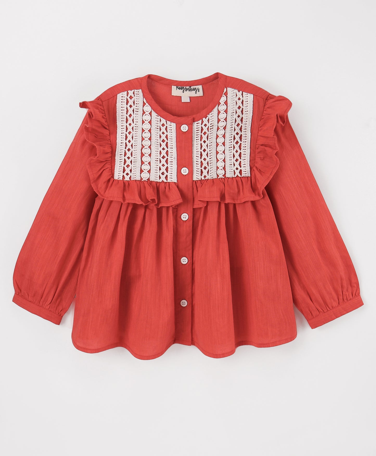 RED SLUB TOP WITH LACE DETAILING YOKE INSERT