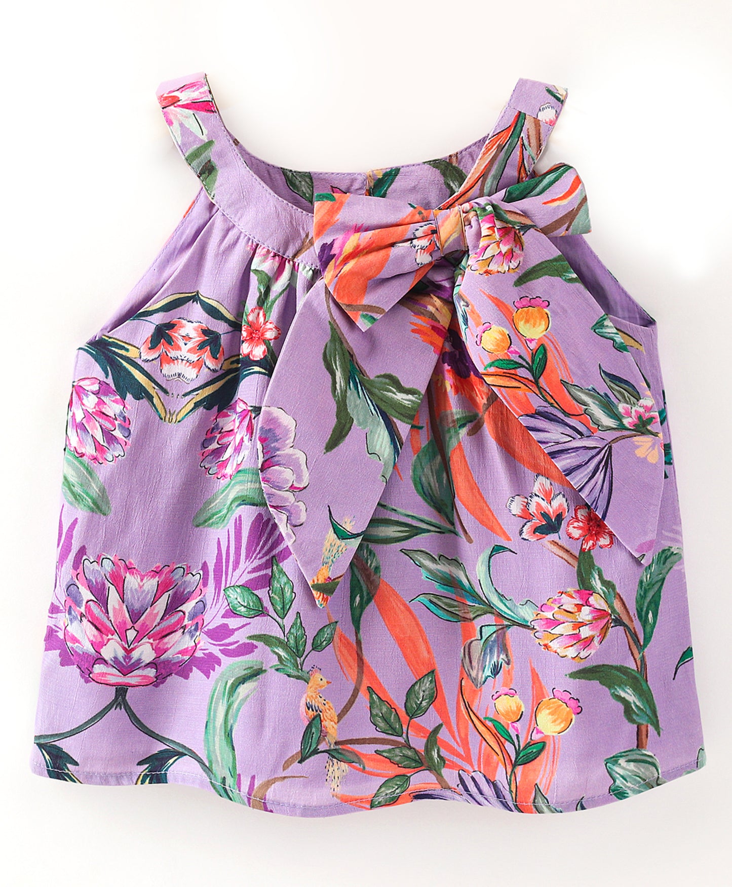 Purple floral print top with self fabric tie up at front