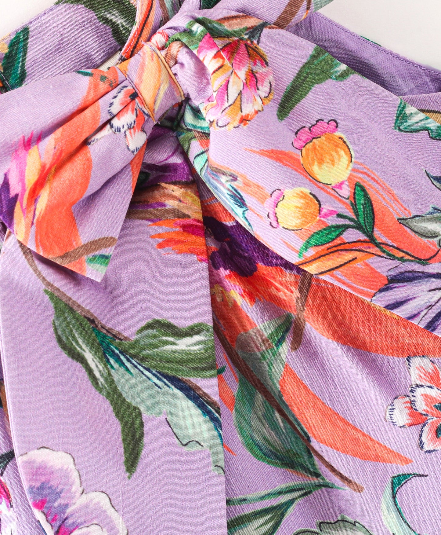 Purple floral print top with self fabric tie up at front