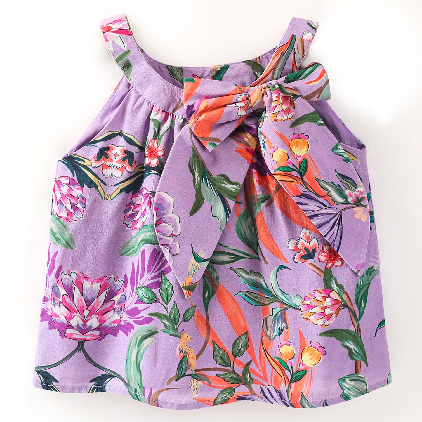 Purple floral print top with self fabric tie up at front