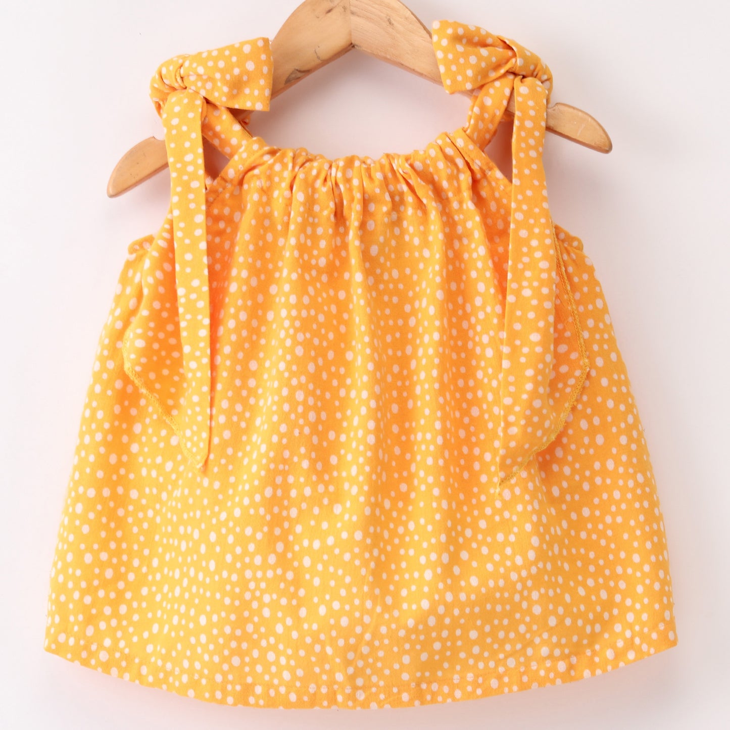 Yellow dot print Gathered Neckline Detailed Shoulder Tie Up Top - Yellow