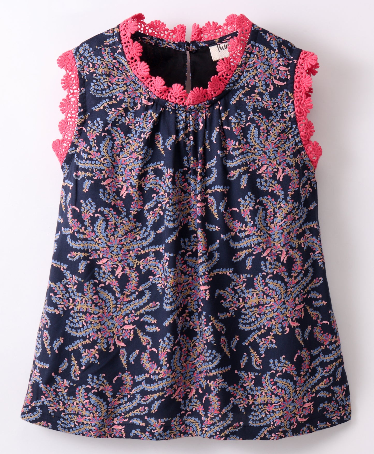 Sleeveless All Over Flower Bush Printed & Lace Embellished Top - Navy Blue