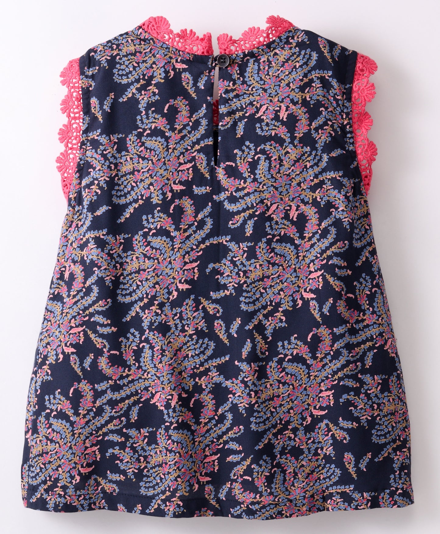 Sleeveless All Over Flower Bush Printed & Lace Embellished Top - Navy Blue