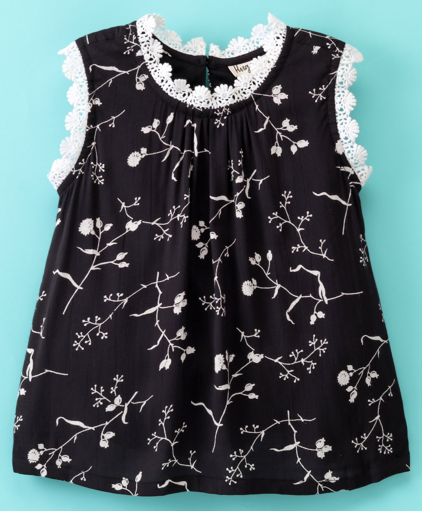 Sleeveless All Over Flower Stem Printed & Lace Embellished Top - Black