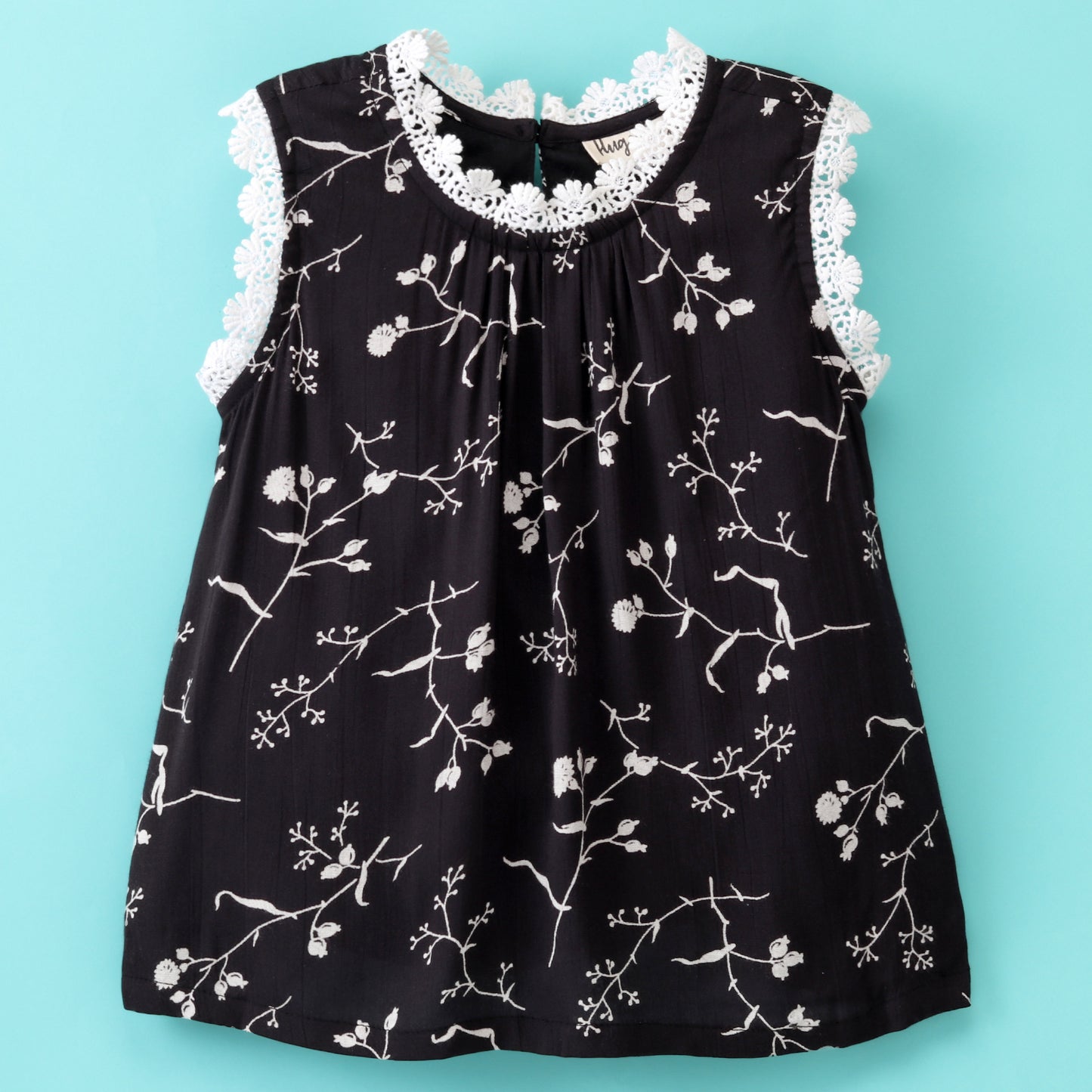 Sleeveless All Over Flower Stem Printed & Lace Embellished Top - Black