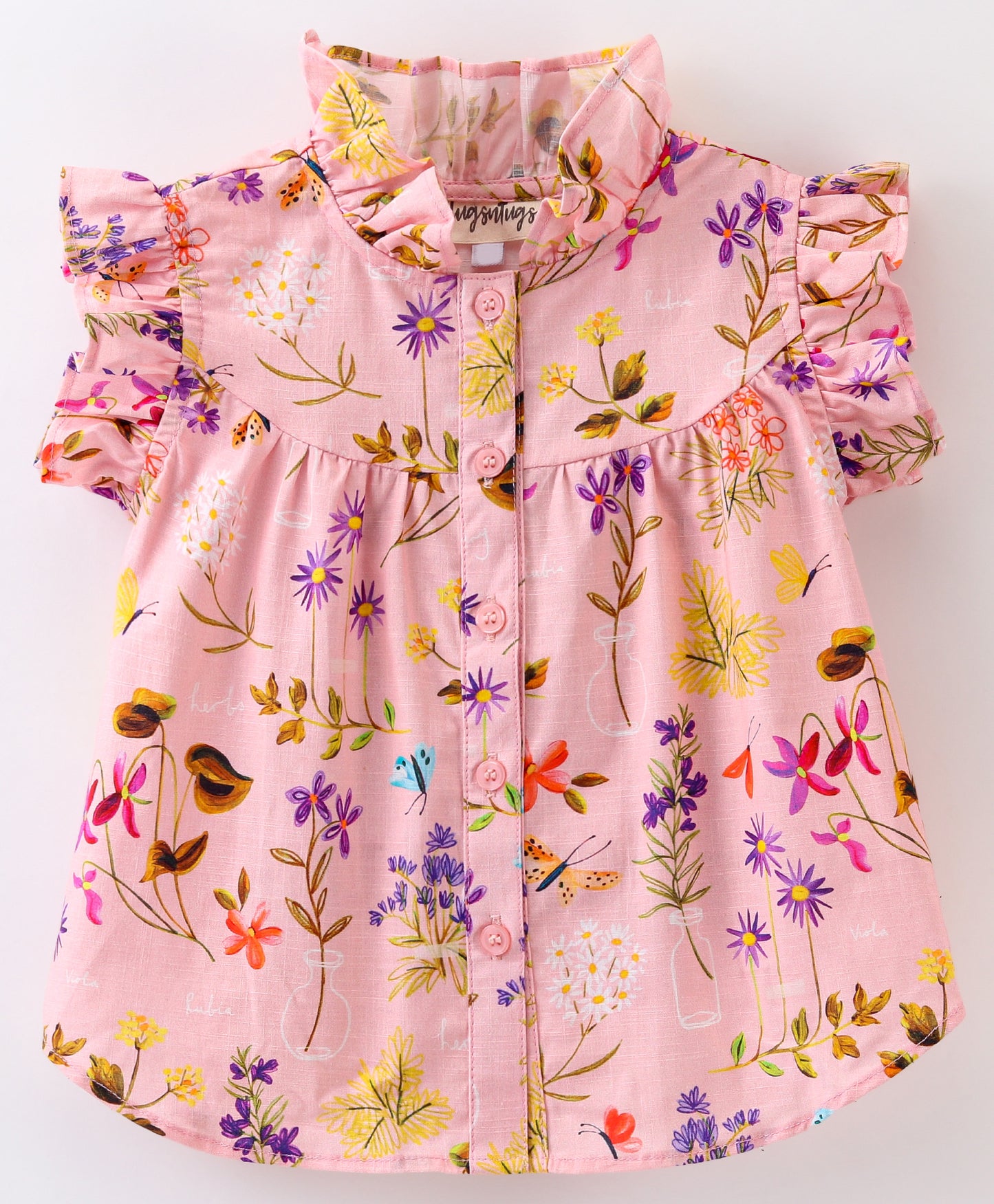 Frill Cap Sleeves Seamless Botanical Flowers Printed Top - Pink