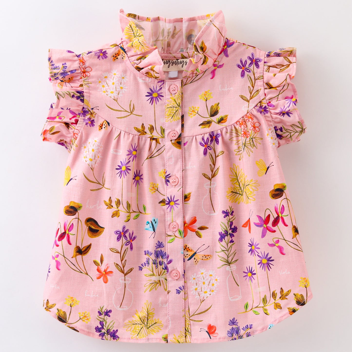 Frill Cap Sleeves Seamless Botanical Flowers Printed Top - Pink