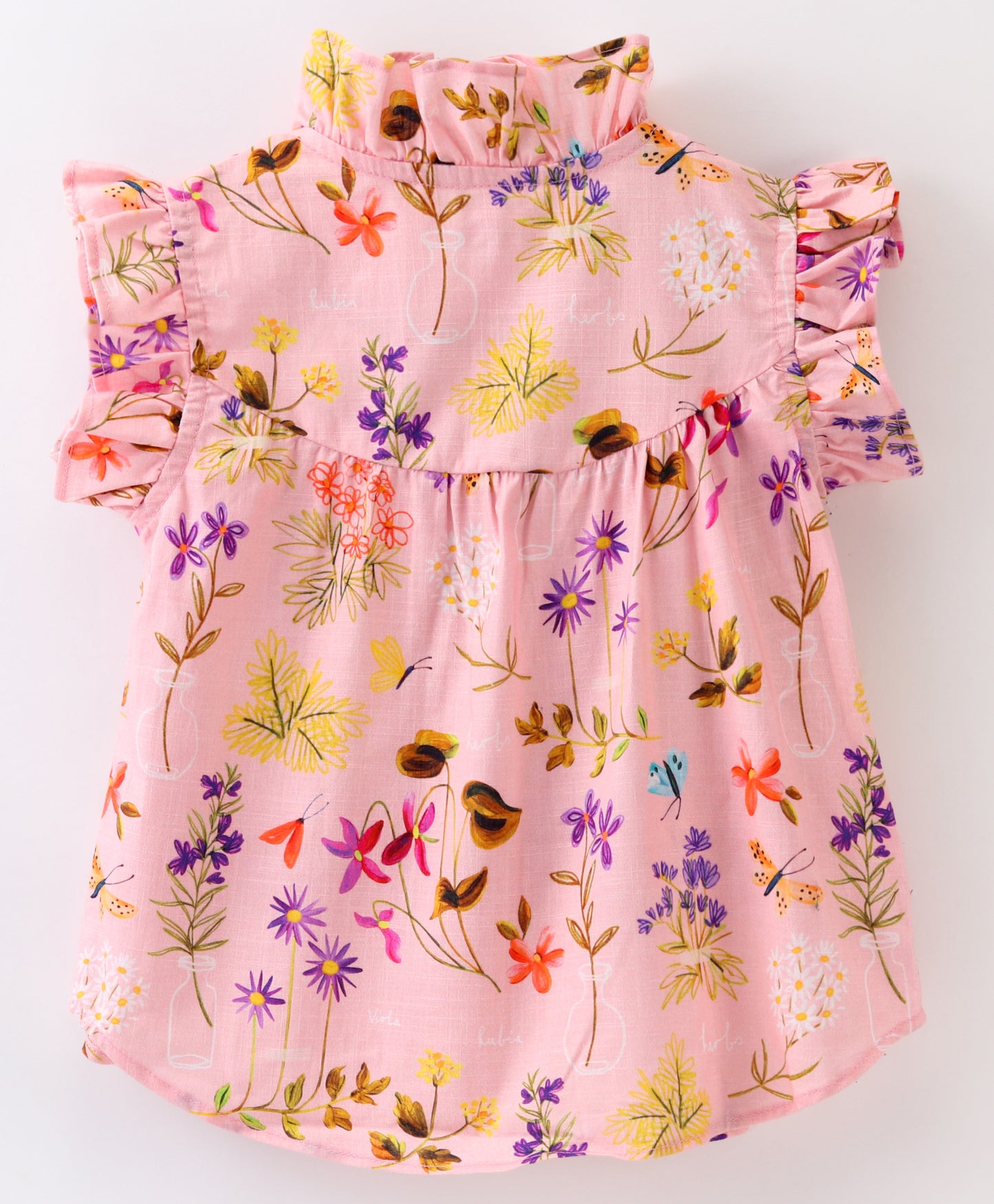 Frill Cap Sleeves Seamless Botanical Flowers Printed Top - Pink