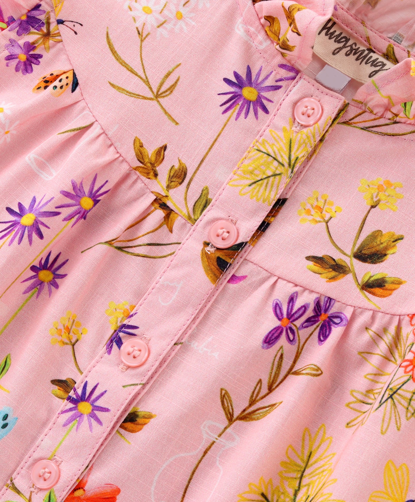 Frill Cap Sleeves Seamless Botanical Flowers Printed Top - Pink