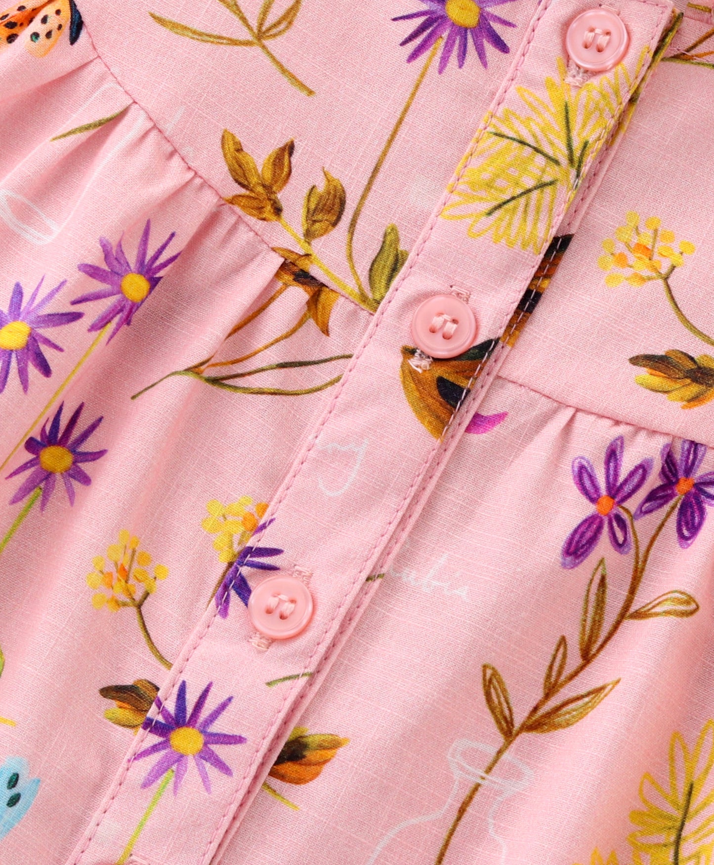 Frill Cap Sleeves Seamless Botanical Flowers Printed Top - Pink