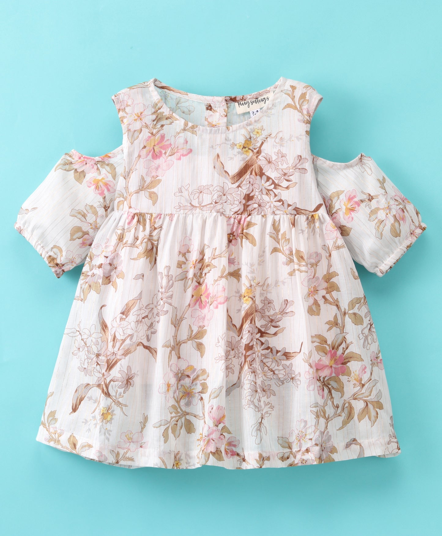Half Sleeves Cherry Blossom Floral Printed & Lurex Striped Cold Shoulder Top - White