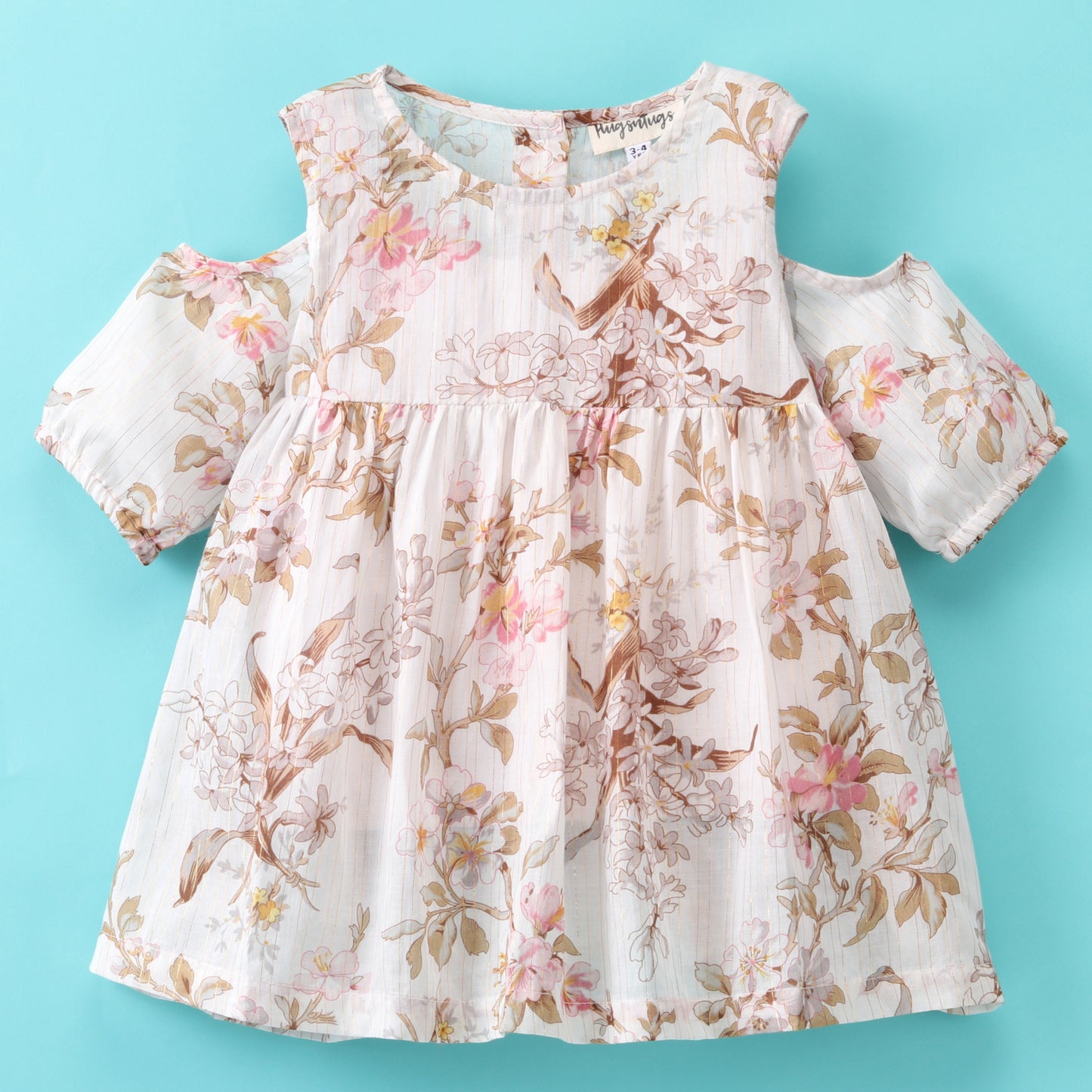 Half Sleeves Cherry Blossom Floral Printed & Lurex Striped Cold Shoulder Top - White