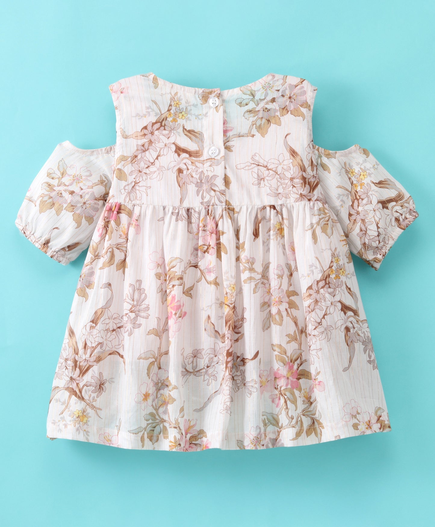 Half Sleeves Cherry Blossom Floral Printed & Lurex Striped Cold Shoulder Top - White
