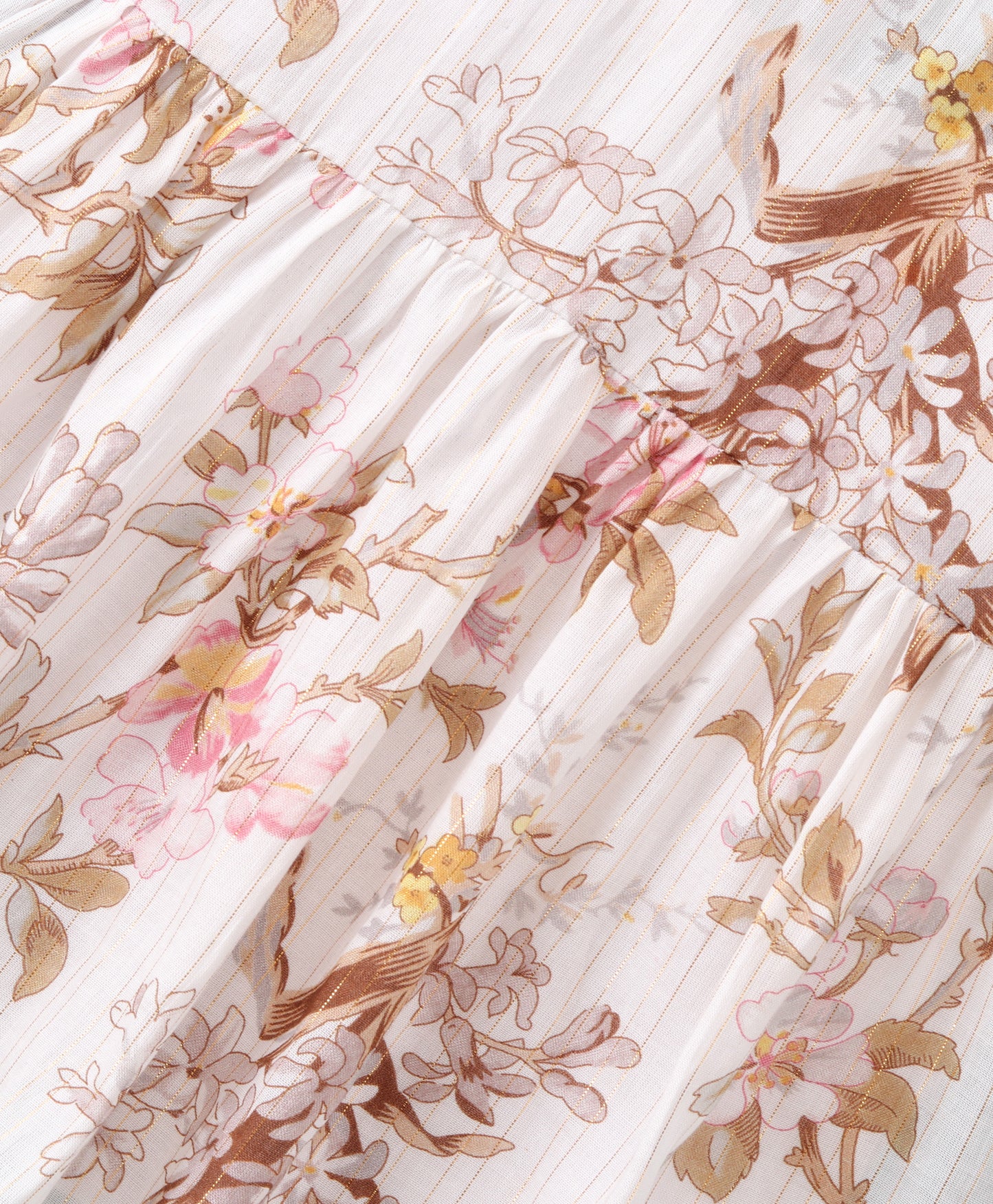 Half Sleeves Cherry Blossom Floral Printed & Lurex Striped Cold Shoulder Top - White