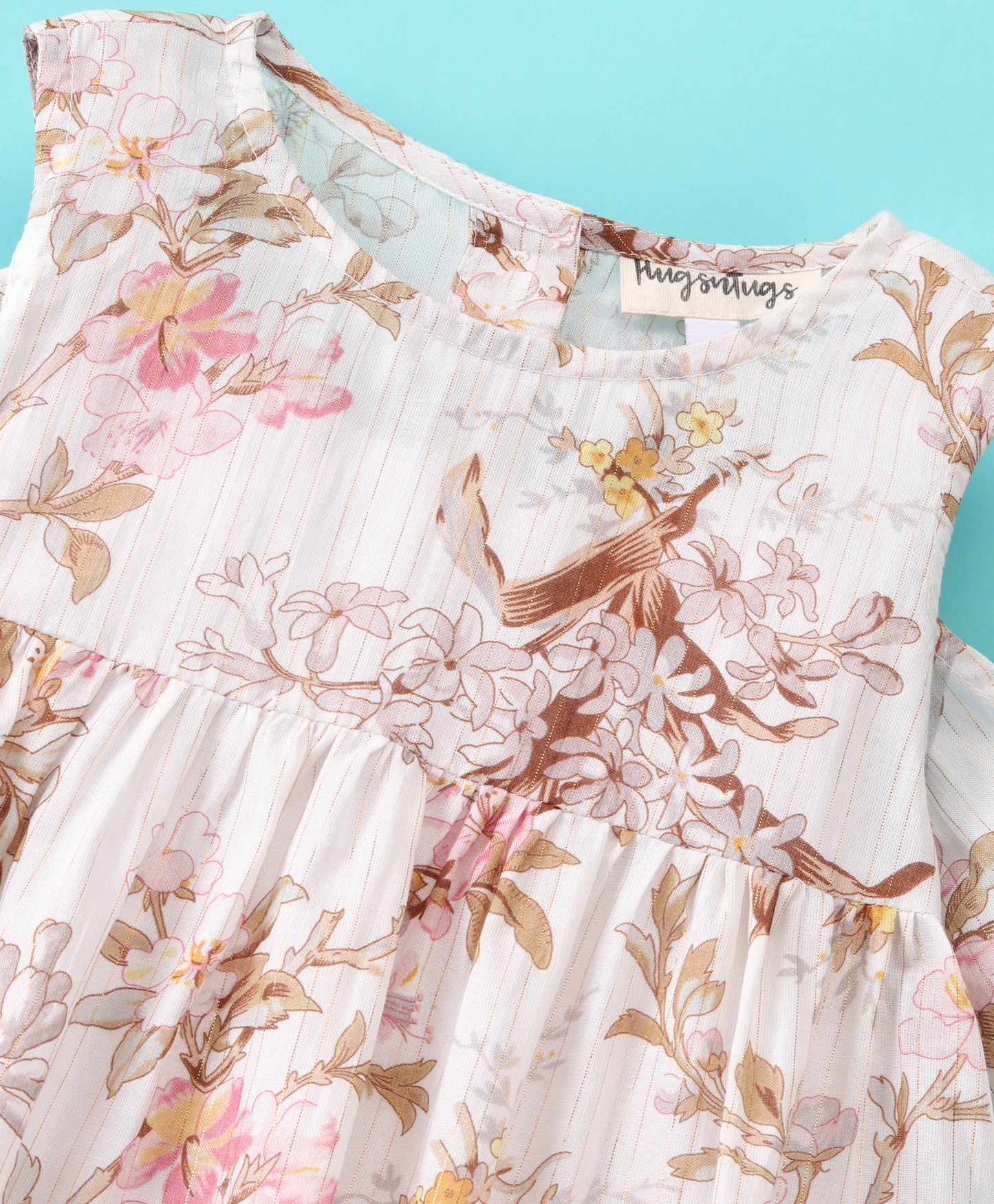 Half Sleeves Cherry Blossom Floral Printed & Lurex Striped Cold Shoulder Top - White