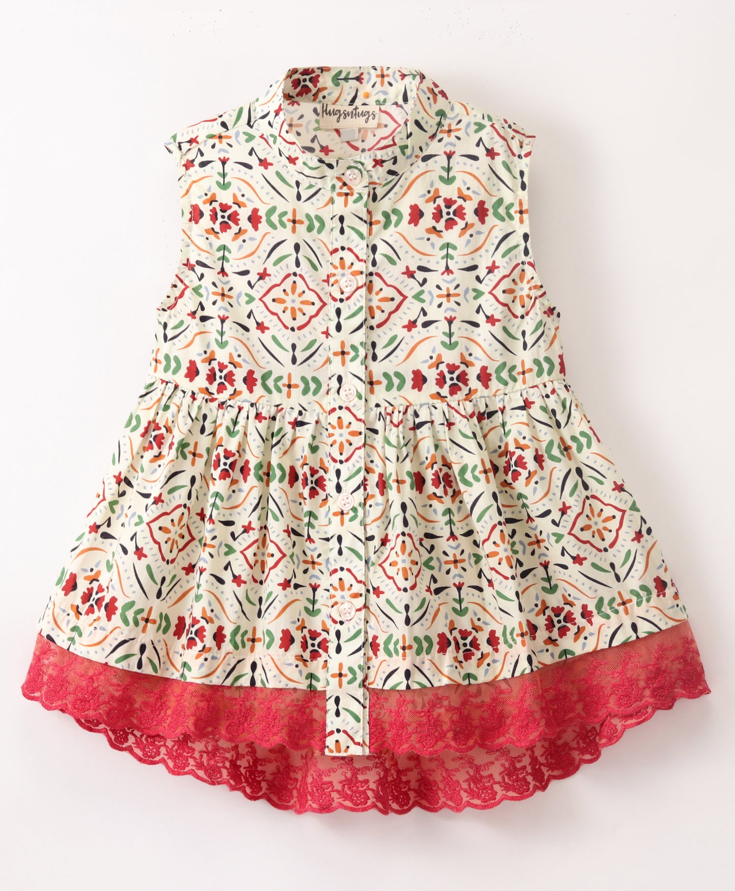 Sleeveless Floral Kaleidoscope Printed & Contrast Lace Hem Embellished Top - Cream