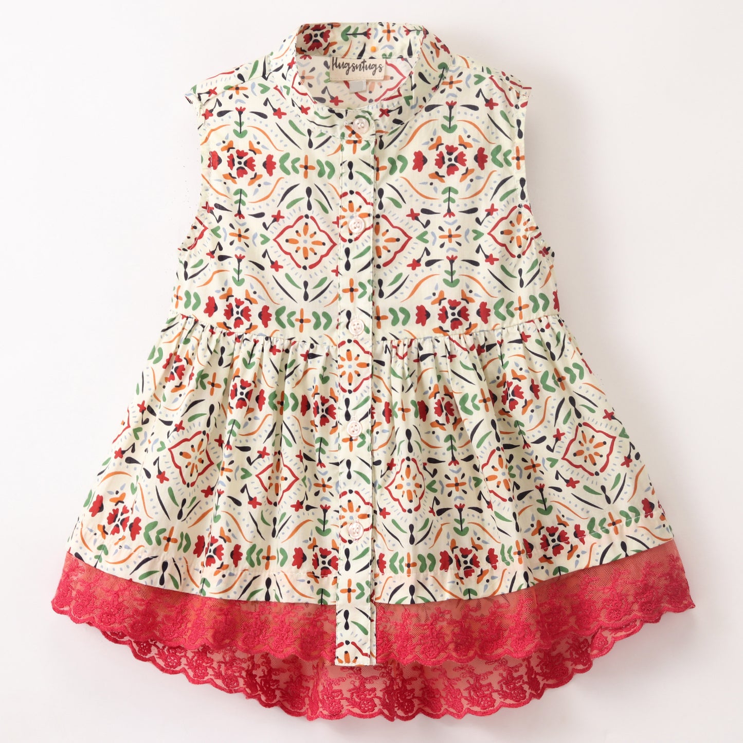 Sleeveless Floral Kaleidoscope Printed & Contrast Lace Hem Embellished Top - Cream