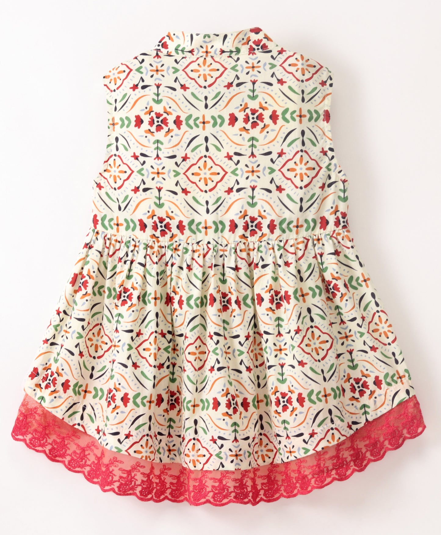 Sleeveless Floral Kaleidoscope Printed & Contrast Lace Hem Embellished Top - Cream