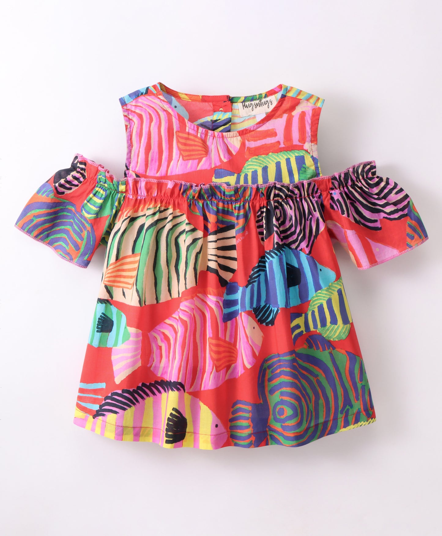 Sea Life Theme Half Sleeves All Over Fish Printed & Ruffle Detailed Cold Shoulder Top - Red