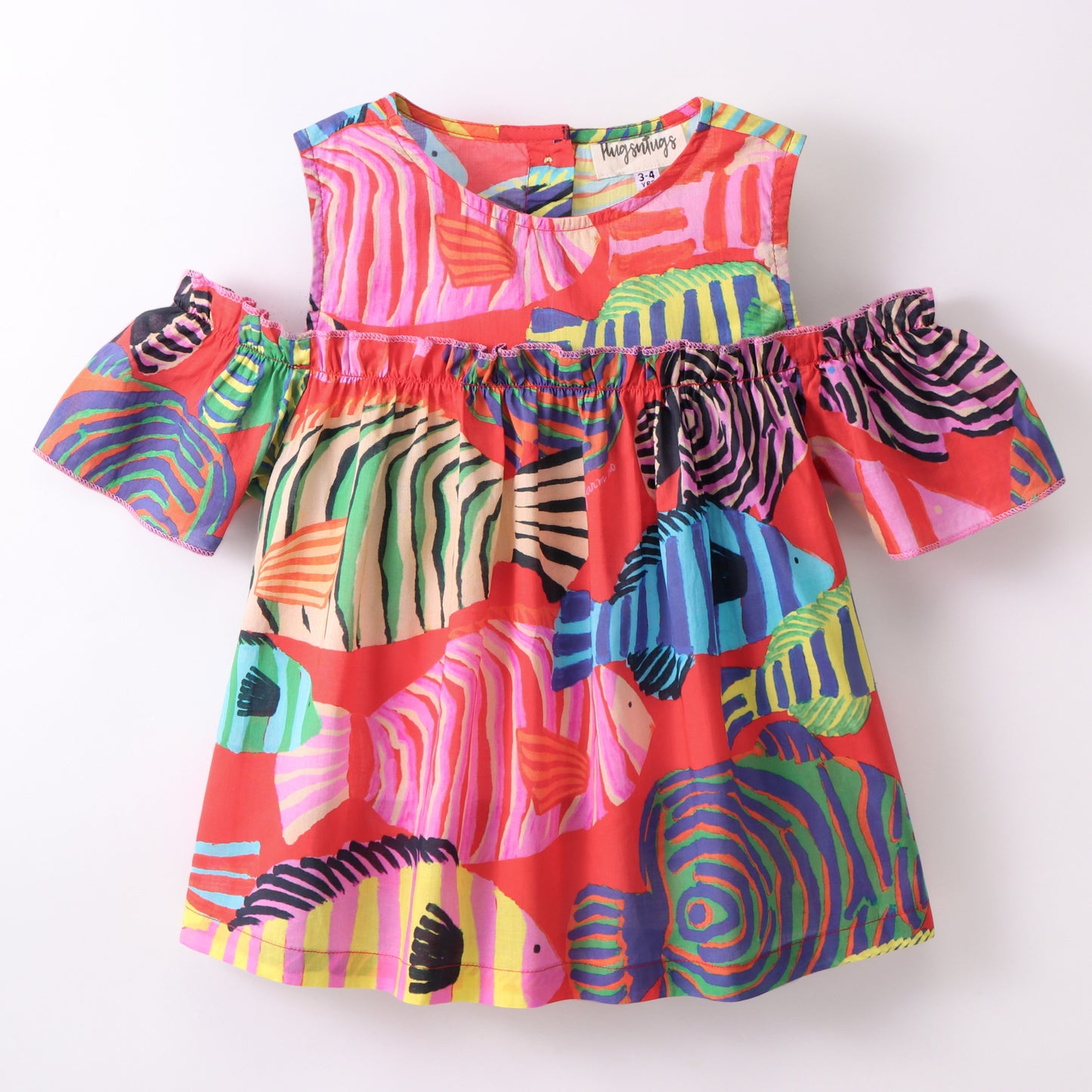 Sea Life Theme Half Sleeves All Over Fish Printed & Ruffle Detailed Cold Shoulder Top - Red