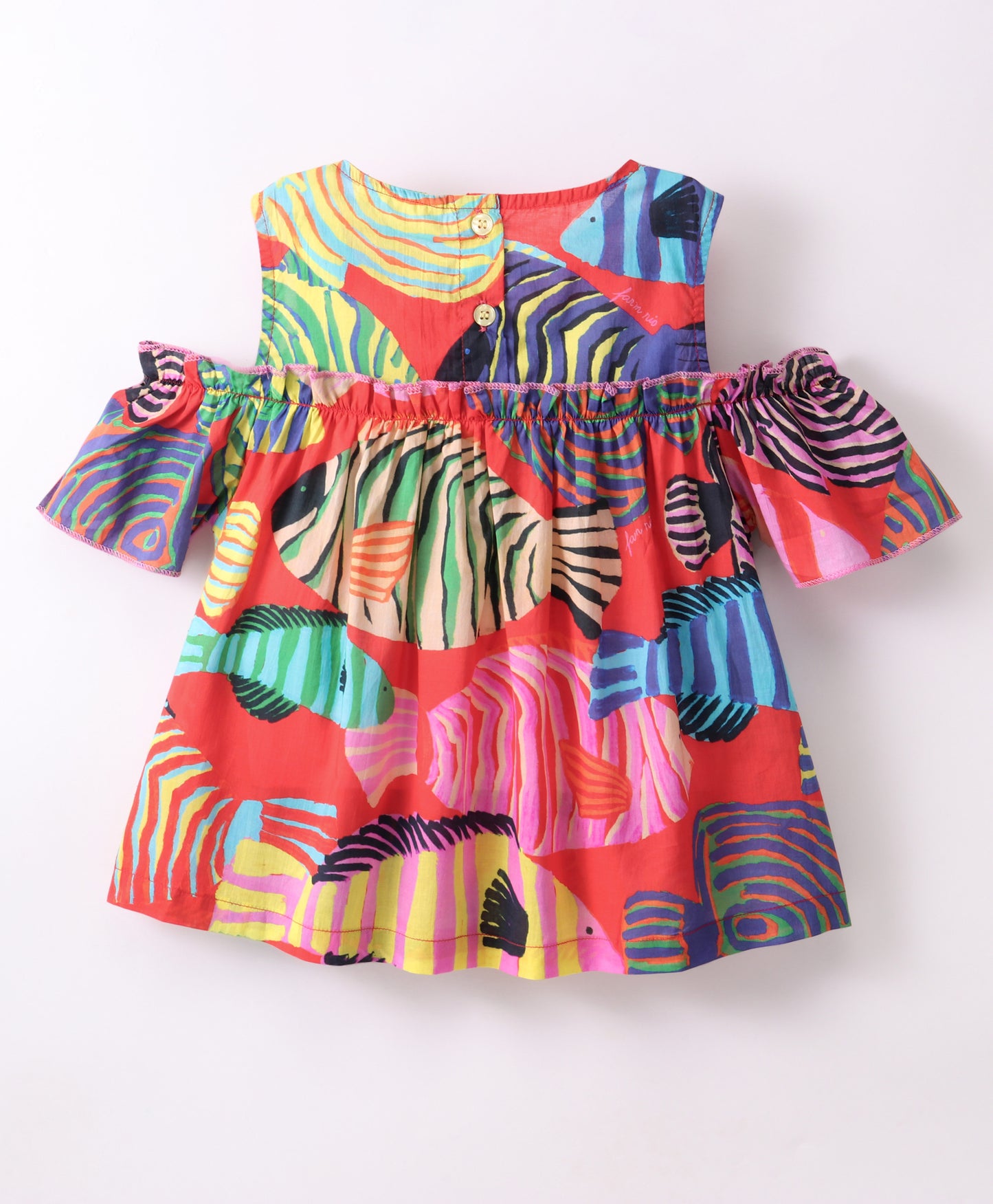 Sea Life Theme Half Sleeves All Over Fish Printed & Ruffle Detailed Cold Shoulder Top - Red