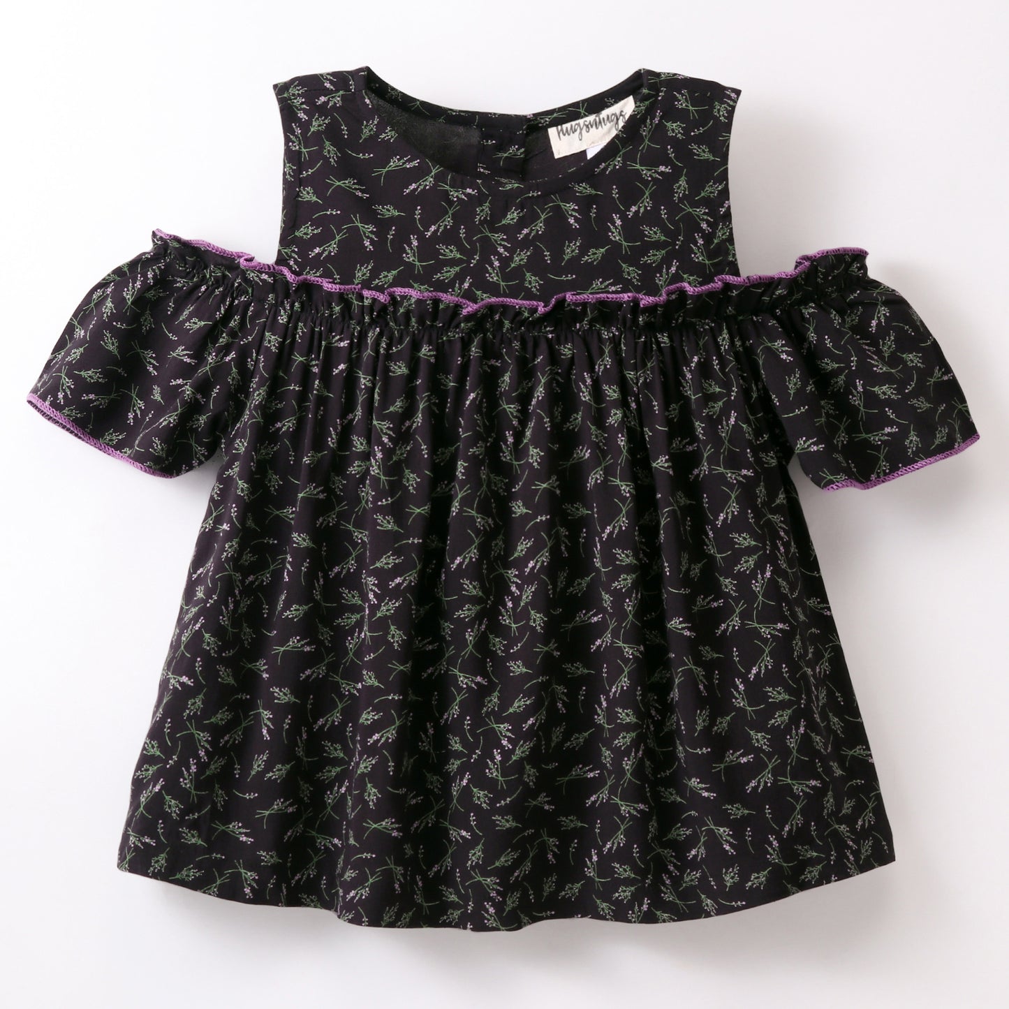 Half Sleeves Seamless Botanical Flowers Printed & Ruffle Detailed Cold Shoulder Top - Dark Grey