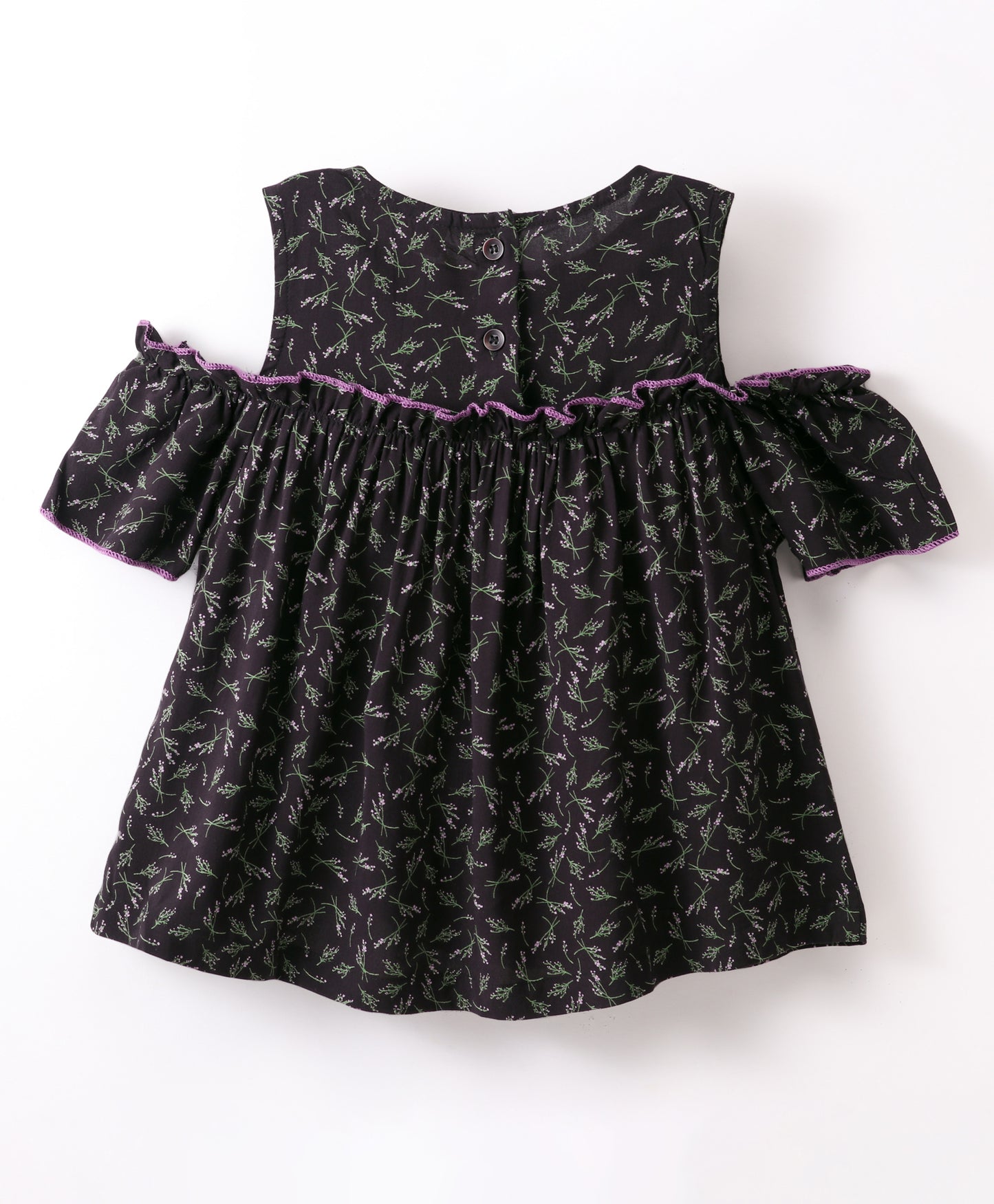 Half Sleeves Seamless Botanical Flowers Printed & Ruffle Detailed Cold Shoulder Top - Dark Grey