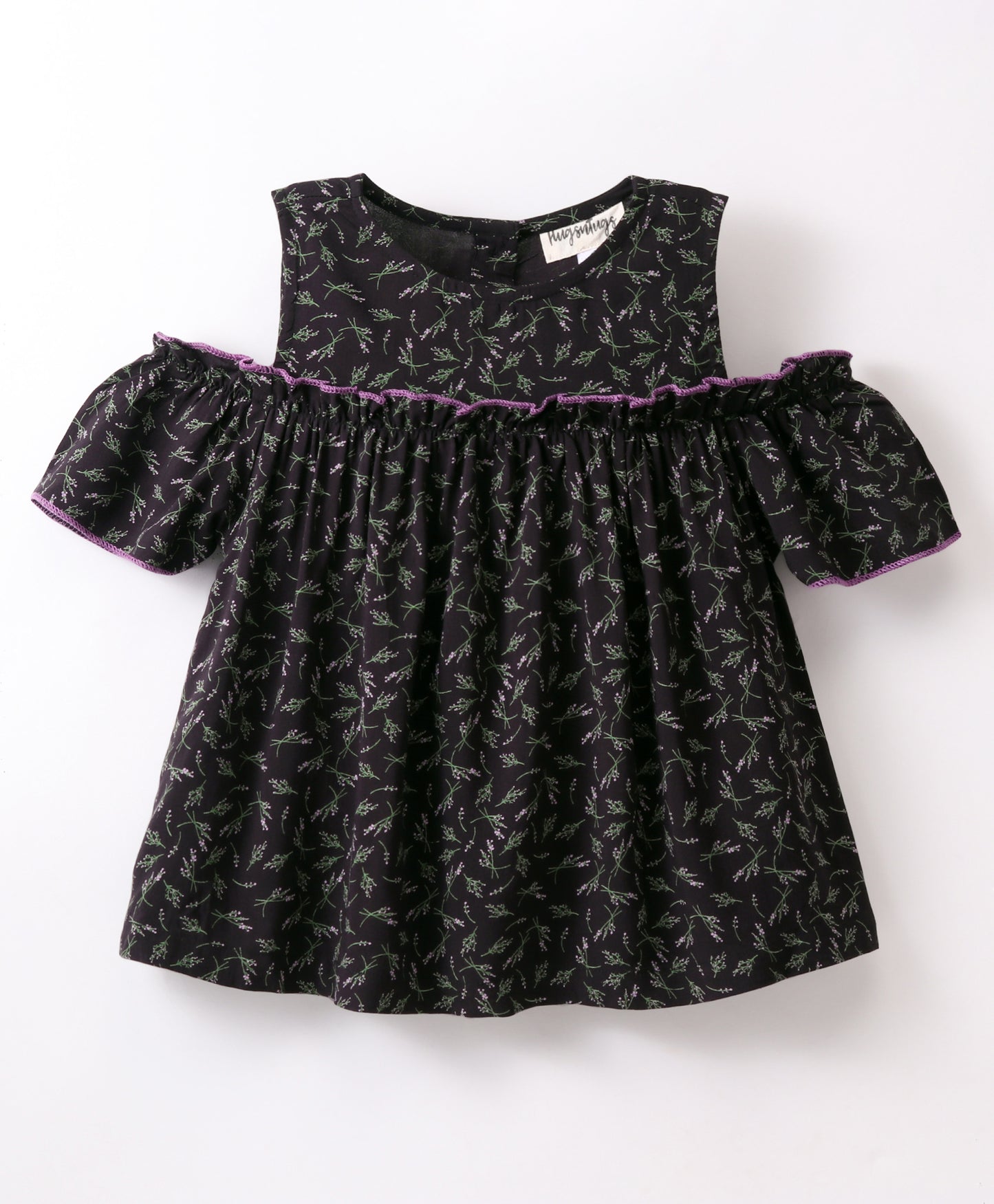 Half Sleeves Seamless Botanical Flowers Printed & Ruffle Detailed Cold Shoulder Top - Dark Grey