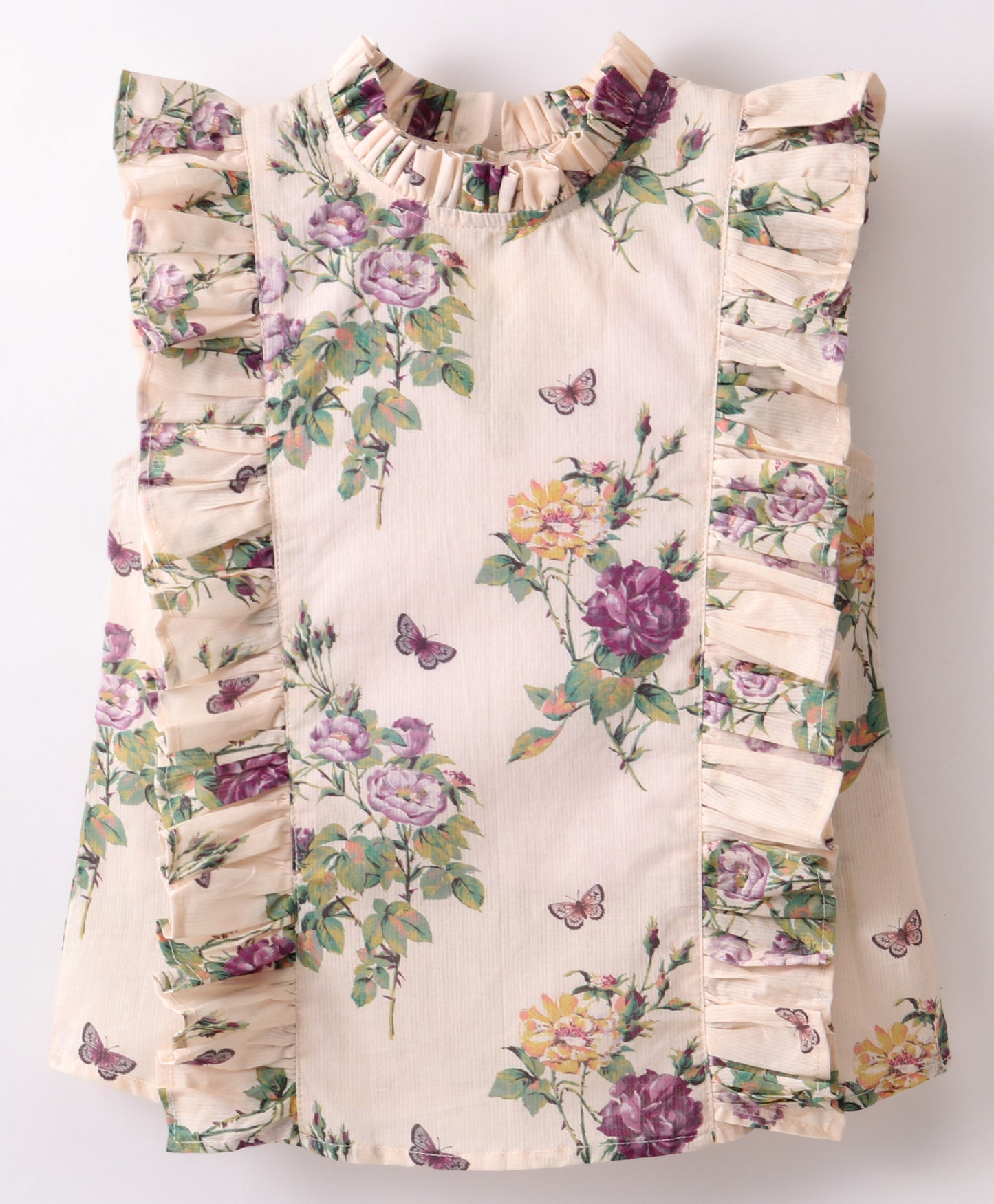 Sleeveless Vintage Wallpaper Style Floral Printed & Frill Detailed Top - Off White